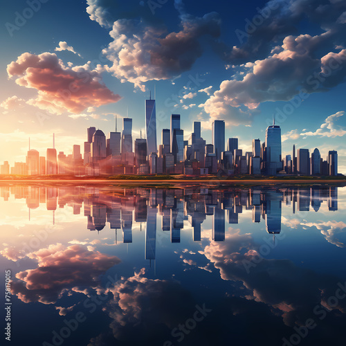 A reflection of a city skyline in a calm lake.