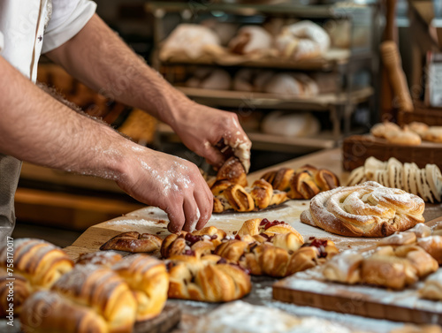 Close-up of a baker’s hands garnishing sugary pastries with a dusting of powdered sugar