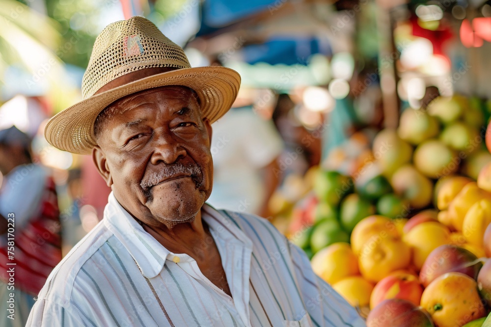 Black man exploring a vibrant Caribbean market, his Panama hat adding a touch of style to his ensemble