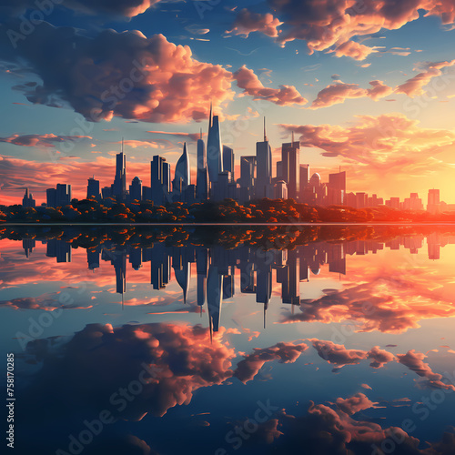 A reflection of a city skyline in a calm lake.
