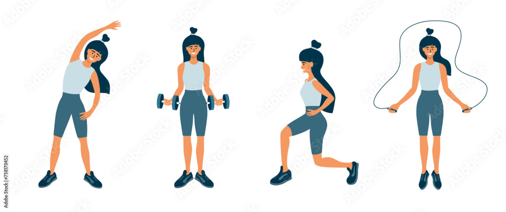Physical activity, fitness training, gym workout set isolated vector illustrations. Woman doing different sport exercises, lunges, side bend, jump with rope, dumbbell work. Active female healthy life