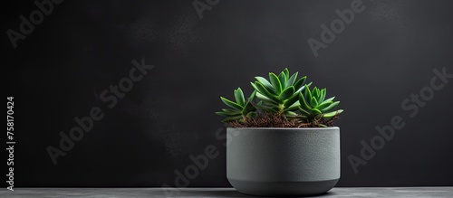A small houseplant, placed in a gray flowerpot, decorates a table. The terrestrial plant adds a touch of green to the landscape