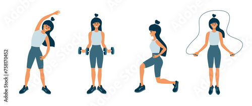 Physical activity, fitness training, gym workout set isolated vector illustrations. Woman doing different sport exercises, lunges, side bend, jump with rope, dumbbell work. Active female healthy life