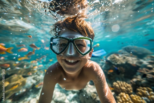 A young boy with a snorkel mask and fins, peering beneath the surface of the water to marvel at the vibrant marine life of a bustling coral reef, his face alive with wonder and awe