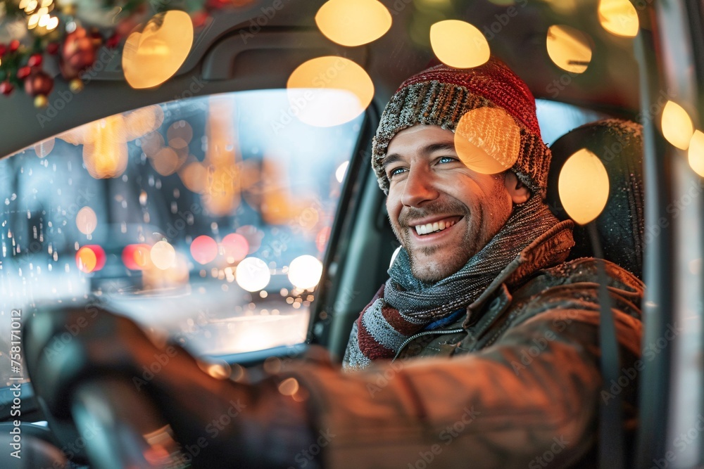 A smiling man driving a car, adorned with festive decorations, setting off for a holiday filled with joy and laughter - obrazy, fototapety, plakaty 