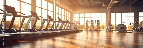 Blurred large gym with exercise equipment with sunlight, banner
