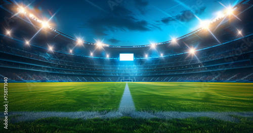 football stadium at night, illuminated by bright lights and spotlights