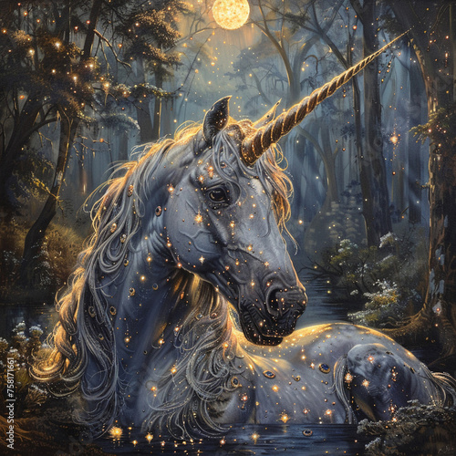 In the heart of an enchanted forest a unicorn bathes in a beam of moonlight