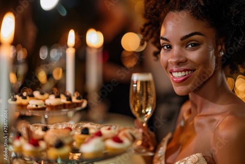 A luxurious birthday soirée for a distinguished individual, featuring decadent desserts and fine wine, captured in a close-up shot that accentuates the celebrant's radiant smile