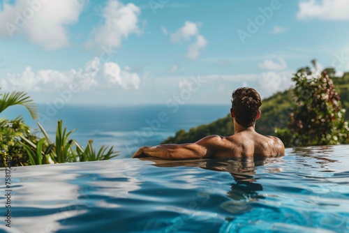 A handsome man taking a refreshing dip in a private Caribbean villa's infinity pool, his athletic physique glistening with water droplets in the tropical sunshine