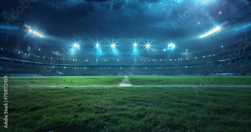 football stadium at night, illuminated by bright lights and spotlights