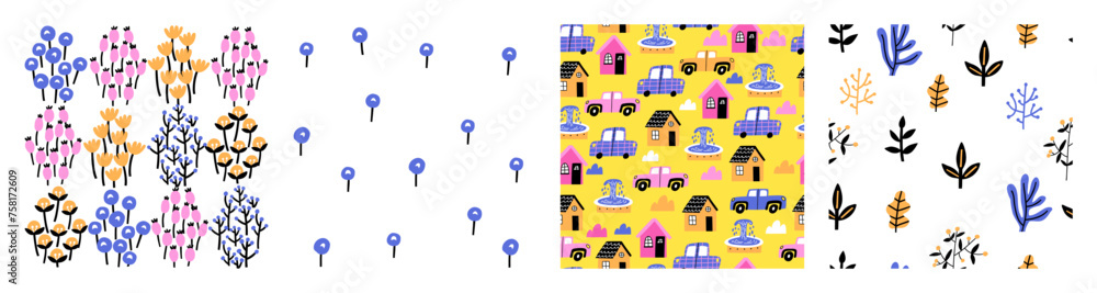 A set of bright patterns with spring motifs. Flowers, cars, houses, butterflies. Vector illustration in flat style.