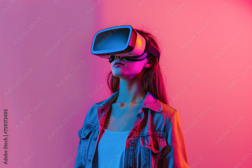 Fille avec casque VR fond rose