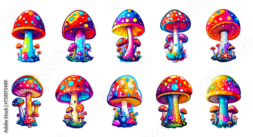 Set of different mushrooms. Neon groovy psychedelic poison mushrooms, toadstool and amanita. Cartoon trippy bright mushroom