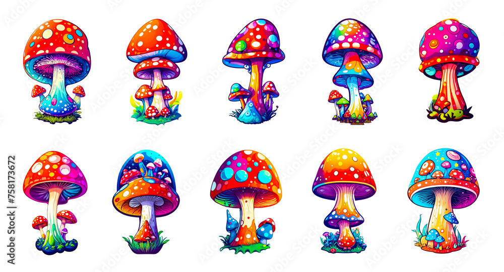 Fototapeta premium Set of different mushrooms. Mystical collection with magic mushrooms. Decorative garish rainbow colors vector elements