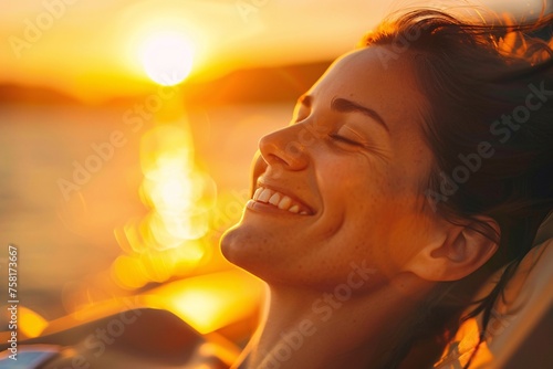 Close-up of a happy woman lounging on a beach chair, her face illuminated by the golden rays of the setting sun, casting a warm glow over the serene coastline behind her