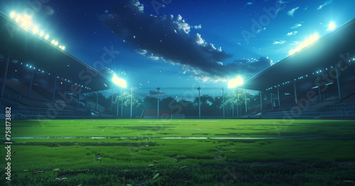 football stadium at night, illuminated by bright lights and spotlights © studiogo