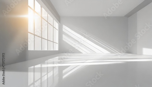 empty white interior room background template with sun shining thru large window on the left modern architecture template background
