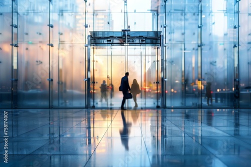 A man and woman walk through a glass building