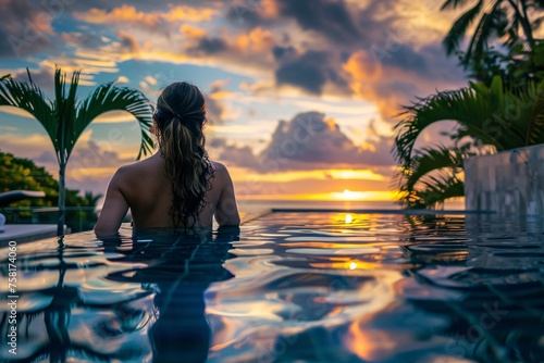 Captivating woman posing by a Caribbean infinity pool, the shimmering water reflecting the vibrant hues of the tropical sunset © Maelgoa