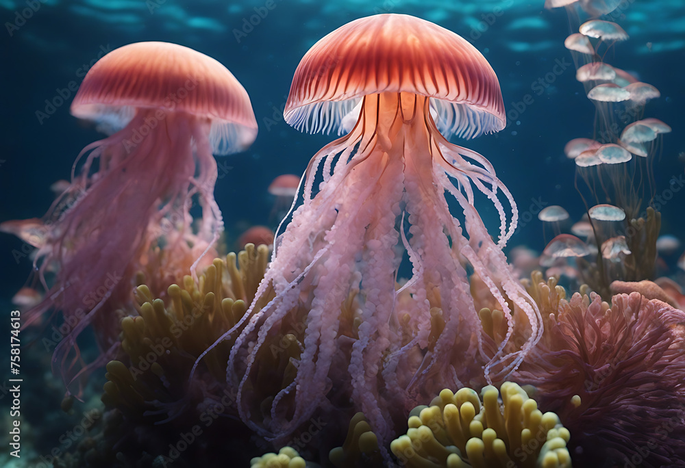 Luminous Jellyfish Glide Through the Abyss of the Deep Blue Ocean ...