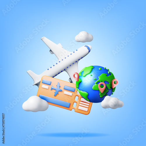 3d Airline Ticket or Boarding Pass  Globe and Airplane. Render Paper Ticket with Plane Icon  Tear Line and Barcode. Travel Element. Holiday or Vacation. Transportation Document. Vector Illustration