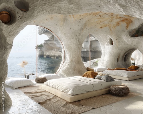 Minimal luxury primitive looking White brown bedroom with nature out of the window