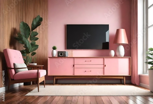 Mid Century Modern Living room .Wood TV cabinet with white wall mounted,pink sofa on wood floor ,3d rendering    © Zoya
