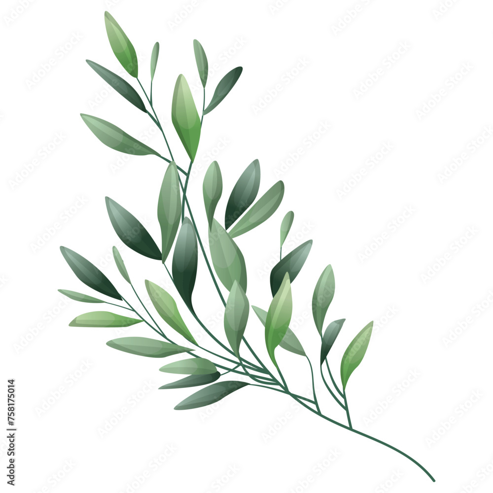 Leaves and branches, Imitation of watercolor, isolated on white. Sketched wreath, floral and herbs garland. Handdrawn Vector Watercolour style, nature illustration.