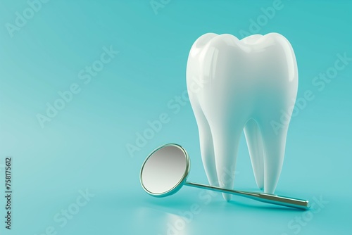 A single  white  healthy-looking molar tooth next to dentistry mirror on a blue background. Dental practice concept.