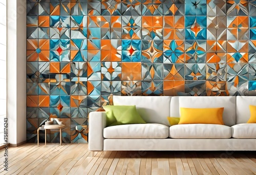 Colorfull wall art mixed digital tiles design for interior home or ceramic tiles design. 