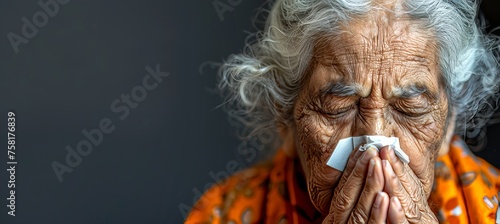 Senior woman with cold blowing nose into tissue, providing copy space for text placement