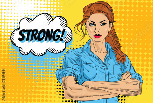 Pop art sexy strong girl. Classical american symbol of female power, woman rights, protest, feminism. Vector colorful hand drawn background in retro comic style. Rosie the Riveter