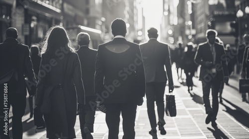A group of people walking down a city street, some of them carrying briefcases