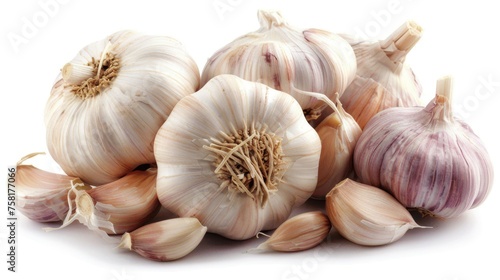 Fresh garlic close up shots isolated on a white background, suitable for culinary purposes