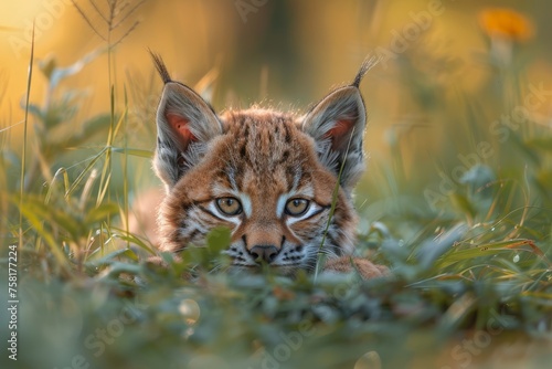 The lynx cub is lying in the grass