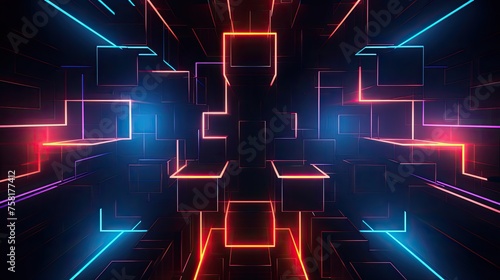 Geometric background with neon outlines and depth perspective photo