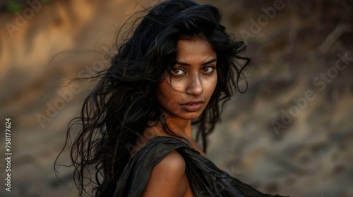 Beautiful Indian Woman her hair is tousled and wild with playful expression wear black fabric cloth standing against natural rugged landscape created with Generative AI Technology