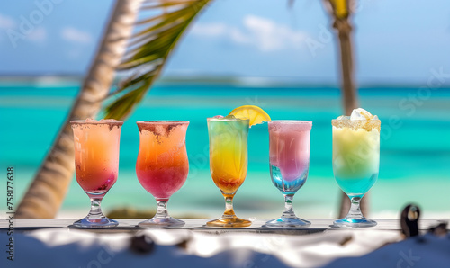 Variety of coctails and alcoholic drinks and multi colored on the reflective wooden surface of bar counter. Blurred cristal clear water white sand beach on background at summer 