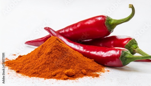 set of red chili peppers and powder on white background
