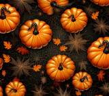 seamless design Pumpkins orange bats made from glitter elements spider webs and sunflowers and fall leaves created with Generative Ai