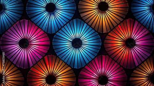 Geometric patterns with neon pentagons and fans of light