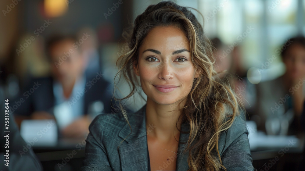 A professional woman at a business meeting, exhibiting confidence with an attentive expression.