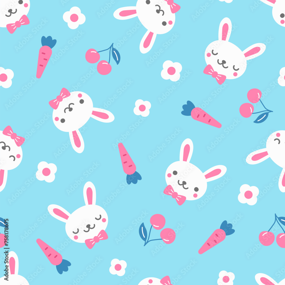 Rabbit with flower and carrot seamless pattern. Cute background. Kid design. Surface design.
