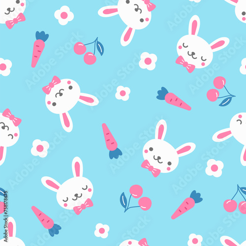 Rabbit with flower and carrot seamless pattern. Cute background. Kid design. Surface design.