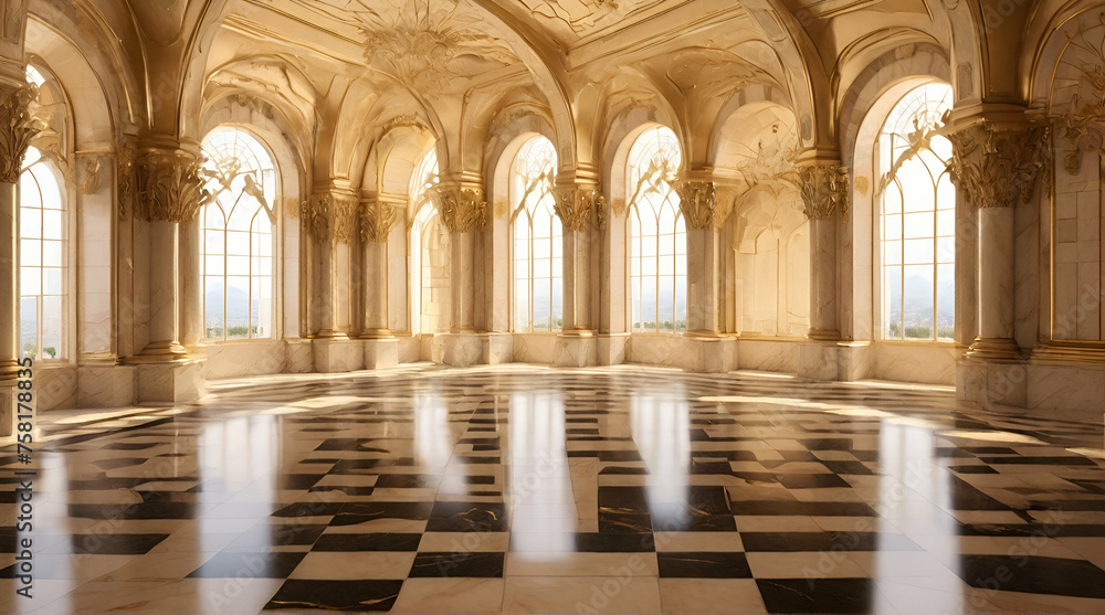 gold marble interior of the royal golden palace castle .Generative AI