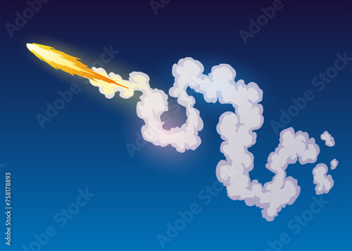 Rocket trail fire smoke, spaceship launch with clouds, spaceflight effects. Space rocket of galaxy shuttle or spacecraft engine. Cartoon vector illustration