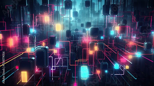 Neon shapes creating an abstract landscape of the digital world