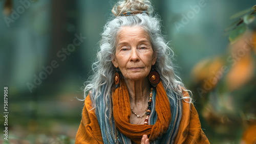senior woman meditating in the park outdoor. Elderly female, mature lady practicing yoga in the forest