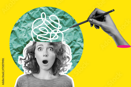 Modern collage illustration of a confused woman with a tangled brain photo